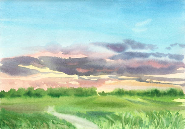 istock Abstract hand painted watercolor sunset sky landscape background, modern textured painting. 2196548870