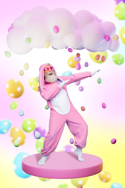 istock Vertical creative collage picture elderly man pensioner dancer funky easter celebration falling painted colorful eggs drawing background 2196549711