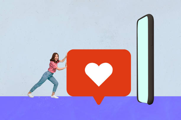 istock Sketch image composite trend artwork 3D photo collage of young blogger lady push notification heart like post get feedback reaction 2196550438