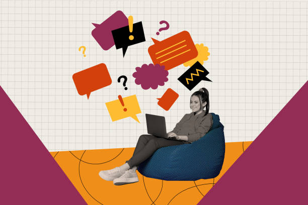 istock Composite trend artwork image 3D collage of office manager yong lady work remote from home sit in beanbag hold laptop have conversation 2196550509
