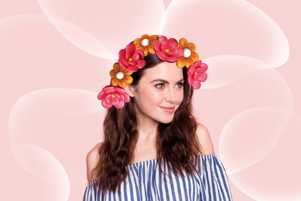 istock Creative template graphics collage image of smiling charming lady wear head flowers wreath isolated pink colorful background 2196550510