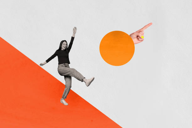 istock Trend artwork composite sketch image 3D photo collage of young active lady walk huge hand in circle finger gesture show direction 2196550514
