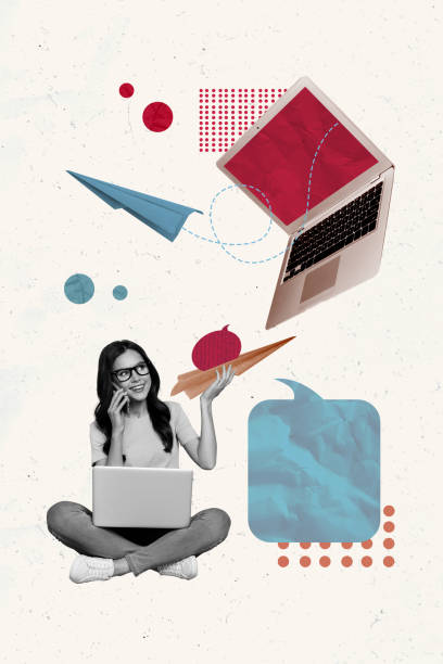 istock Trend artwork composite sketch image 3D photo collage of black white student lady talk on phone hold laptop message flingt sit lotus pose 2196550591