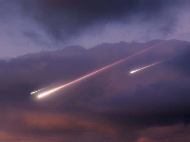 istock Sky with falling meteorites isolated. Bolides with luminous traces. 2196558282