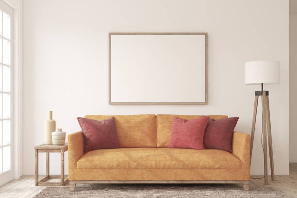 istock Beautiful living-room interior with bright orange sofa. 3d render. 2196558295