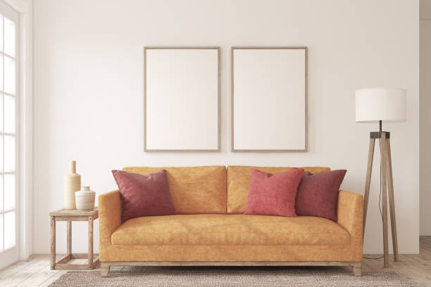 istock Beautiful living-room interior with bright orange sofa. 3d render. 2196558364