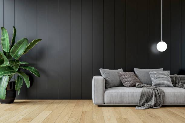istock Modern interior: a living room with a gray sofa, black paneled accent wall background and decoration 2196558373