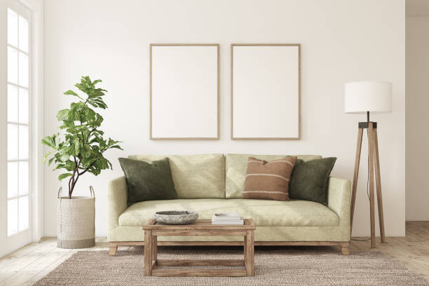 istock Beautiful living-room interior with green sofa. Poster mockup. 3d render. 2196558446