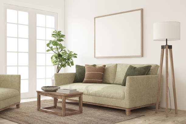 istock Beautiful living-room interior with green sofa. Frame mockup. 3d render. 2196558963