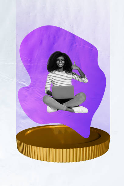 istock Composite graphics collage image of young american girl smile gesture like thumb up work online macbook freelance miner gold coin isolated on painting background 2196559559