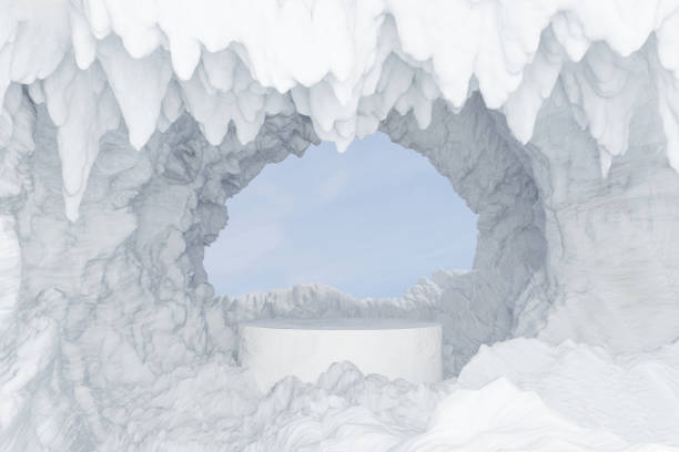 istock 3d render winter platform and Realistic natural background, Stone podium on the ice snow mountain cave with Ice hanging from the cave ceilingf for product display, advertising, mockup or etc 2196560458