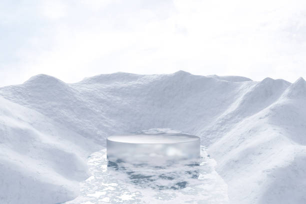 istock 3d render platform background and empty round stage, Ice podium on the frozen lake with ice snow mountain in winter for product stand display, advertising cosmetic, products, skincare or etc 2196560480