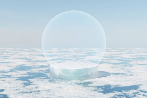istock 3d render winter scene and Natural stage background, Ice podium with empty transparent light ball on frozen lake for product display, advertising or etc 2196560487