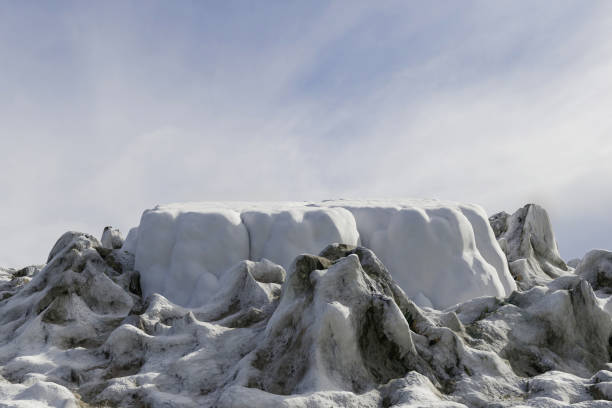 3d render winter platform and natural stage background, Stone podium covered with snow on the ice snow mountain, Backdrop sky and cloud for product display, advertising, mockup or etc