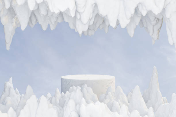 istock 3d render winter platform and natural background, Stone podium in the mountain cave with Above and below are stalagmites and stalactites covered in ice and snow for product display, advertising or etc 2196560564