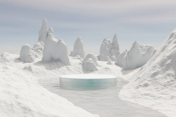 istock 3d render platform background and empty round stage, Ice podium on the frozen lake with ice snow mountain in winter for product stand display, advertising cosmetic, products, skincare or etc 2196560565