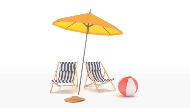 istock 3d render of two deck chairs, a parasol and a beach ball 2196562724