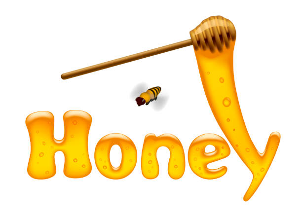 istock Honey inscription letters with honey flowing down from stick and flying bee isolated on white 2196566196