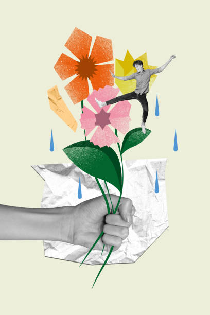 istock Vertical collage of black white effect arm hold drawing flowers mini funky guy dancing leaf raindrops isolated on creative background 2196569575