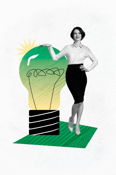 istock Vertical graphics collage image of young girl entrepreneur touch light bulb new idea plan thought strategy development solution isolated on white color background 2196570858