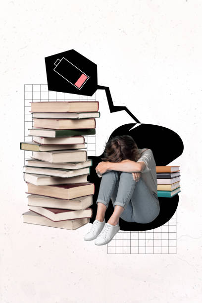 istock Vertical photo collage of upset girl sit library stack book preparation exam low level battery tired recharge isolated on painted background 2196570970