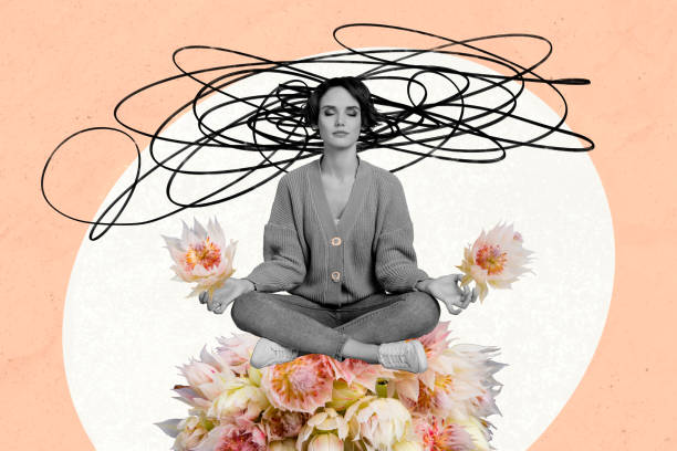 Creative picture collage sitting young woman meditate calm harmony day springtime celebration fresh flora bunch flowers drawing doodles.