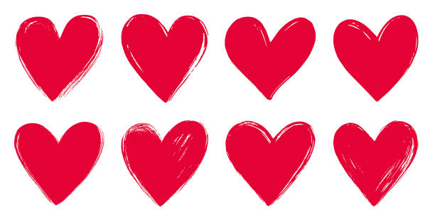Hand drawn red hearts. Brush strokes. Vector design elements.