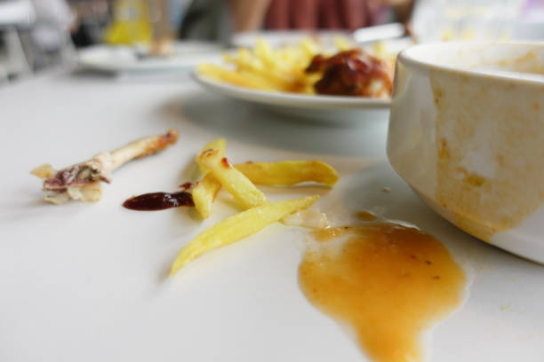 Closeup of spilled sauce artistically splattered on a plate and bowl, showcasing dining chaos