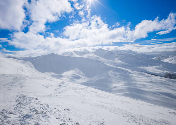 The suggestive plateau peak in Abruzzo region, Monte Puzzillo and Morretano summit mount range, during the winter with snow in alpinistic altitude