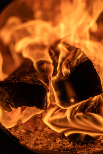 Close up of burning logs creating a warm and inviting atmosphere in a fireplace, perfect for cold winter nights