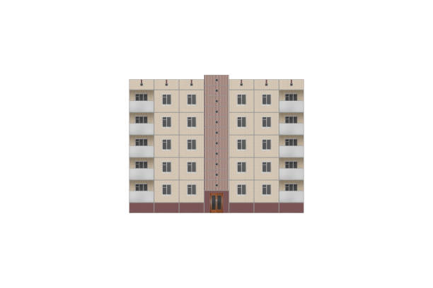 istock Prefabricated five-storey panel apartment building is lined with beige tiles is isolated. The house has balconies. 2196580515