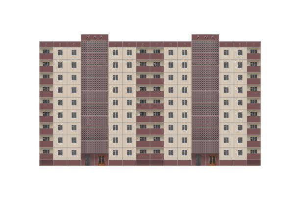 istock Prefabricated nine-storey panel apartment building, with two entrance lined with beige tiles is isolated. The house has balconies. 2196580534