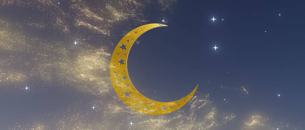 istock A gold and silver crescent moon with stars surrounding it 2196582368