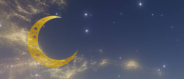 istock A gold crescent moon is surrounded by a cloud of glittering stars 2196582391