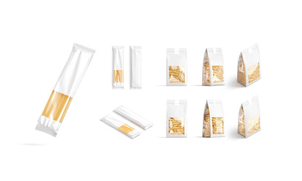 Blank white paper transparent pack with pasta mockup, different views, 3d rendering. Empty italian noodles food package mock up, isolated. Clear raw vermicelli and fettuccine dish bag template.