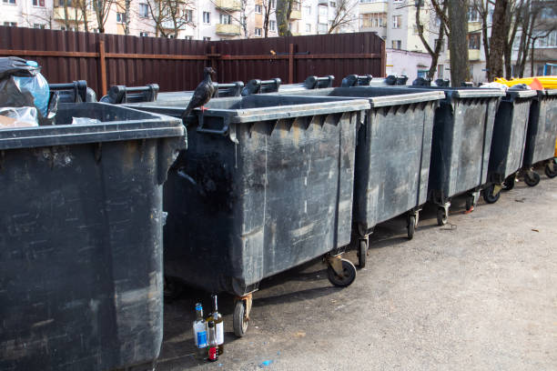 istock Black big garbage cans on asphalt closeup 2196583098
