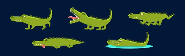 Cute Green Crocodile Animal Engaged in Different Activity Vector Set Cute Green Crocodile Animal Engaged in Different Activity Vector Set