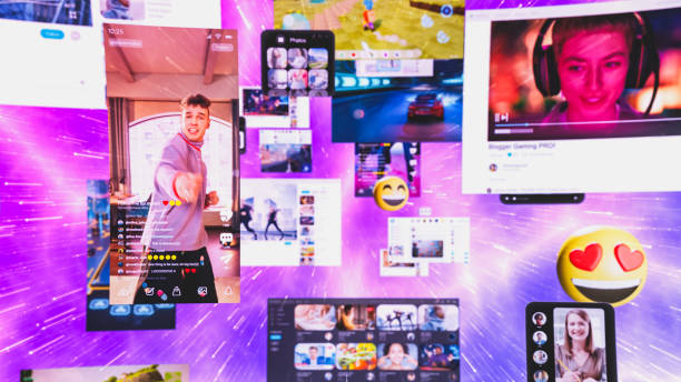 istock Digital Metaverse Where Social Media, Gaming, and Multimedia Content Stream. Floating Screens of Events, People, Podcasts, On Demand Videos. Illustration of Content 2196598966
