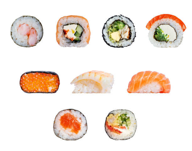 istock Set of various sushi rolls close-up isolated on white background 2196599458