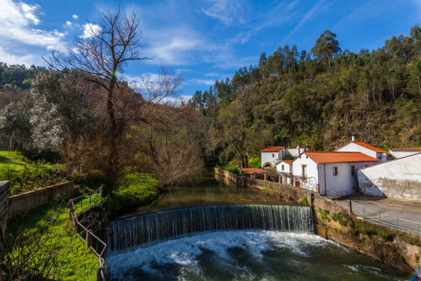 A scenic landscape featuring a waterfall cascading into a river alongside traditional buildings with red-tiled roofs, nestled amidst lush greenery under a bright blue sky with scattered clouds.