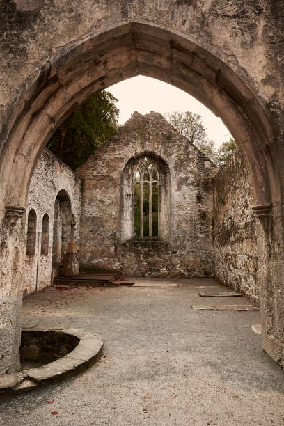 istock Stone arches and Gothic window inside Muckross Abbey, Ireland 2196602547