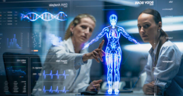 physician and patient analyze a holographic body model. technology discussions on optimizied health care, diagnostic accuracy. personalized treatment approaches in a futuristic healthcare environment - digitaler zwilling stock-fotos und bilder