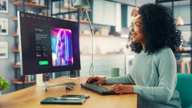 Woman Operates a Computer With an AI Image Generation Interface. Screen Displays an AI-generated Portrait. the User Interacts with the Technology in an Office Environment.