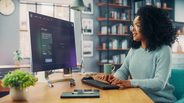 istock Black Woman Uses a Computer With an Ai Chatbot Interface. She Types a Promnt in a Software. Modern Creative Woman Works with Artificial Intelligence 2196604514