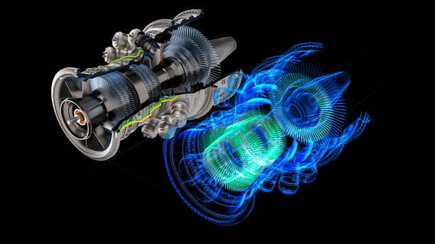 istock Innovative 3d Turbine Engine Design Blends Physical and Digital Twin. Metallic Structures Merge With Digitalization Elements, Green Energy Solutions and Robust Engineering Methodologies. 2196611265