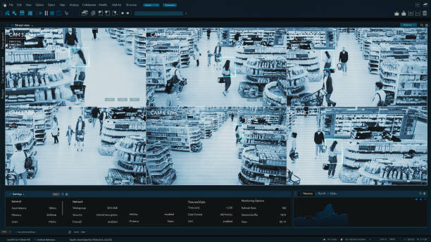 istock Multi-angle CCTV Shot Monitors Grocery Store. Surveillance System: Secure Shoppers Buying Products with Convenience. Advanced Security Technology Tracks Customer Throughout the Retail Environment. 2196613601