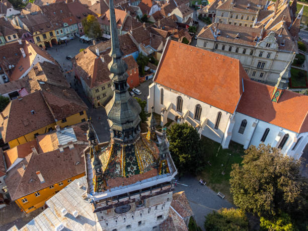 istock Aerial drone view of sighisoara clock tower at sunset 2196616807