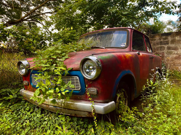 istock Red Trabant overgrown by plants 2196619935