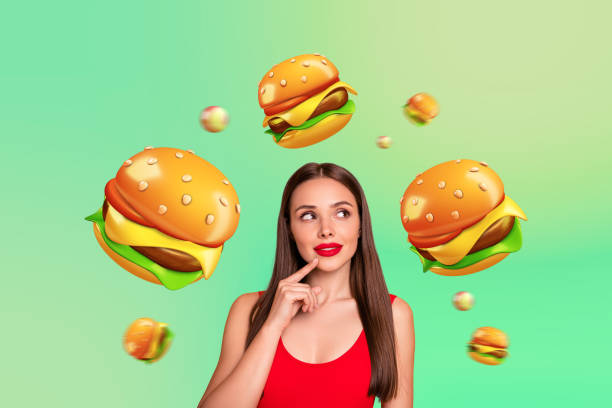 istock Creative picture collage young gorgeous thinking lady red lips dream burger sandwich lunch nutrition choose drawing background 2196620180