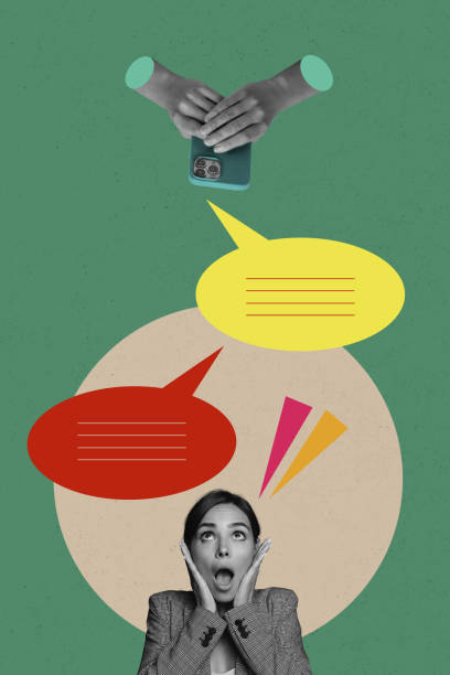 istock Trend artwork composite image collage of young lady look up hands hold phone shocked read sms conversation share gossips rumors 2196620217